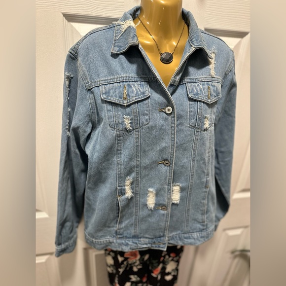 Denim jacket. Size medium. Distressed. Loose fit. - Picture 10 of 11